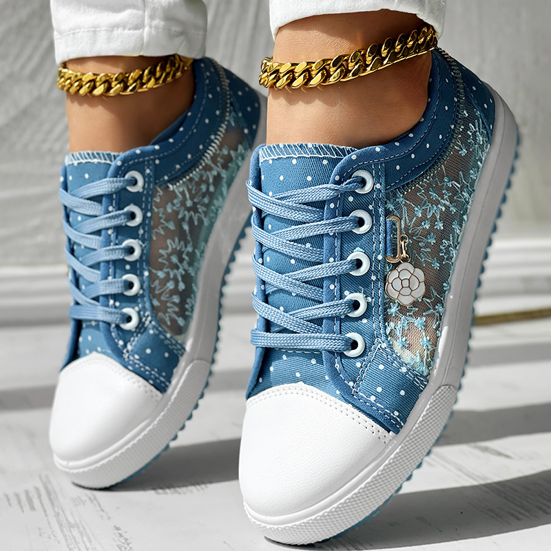 Floral Embroidered Polka Dot Print Sneakers