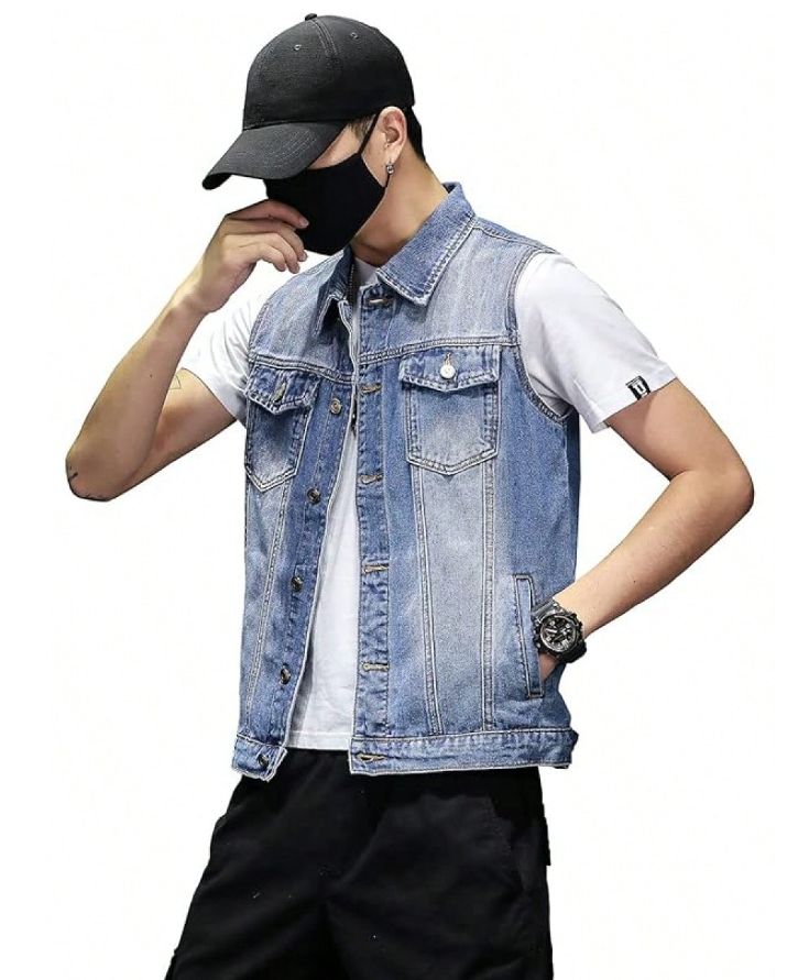 Classic Denim Vest Men Light Blue Washed Sleeveless Jean Jacket Casual USA Warehouse Stock