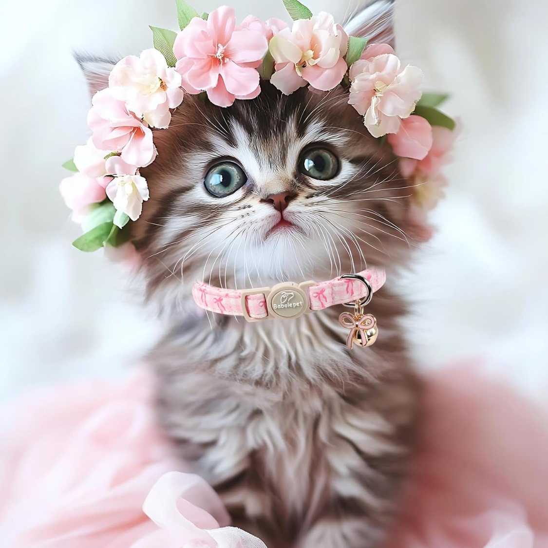 Lot de 2 colliers pour chat roses printemps-été avec pendentif cloche, nœud et fleur – Image 2
