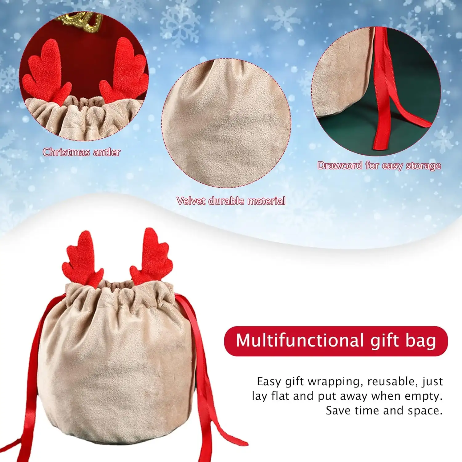 5 Pcs Christmas Velvet Drawstring Candy Gift Bags With Antlers 2 Styles Mini Xmas Present Pouch 7x5 Inch Santa Gift Wrapping Bags