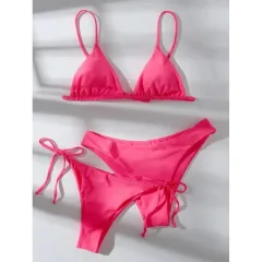 Explosive Bikini Solid Colour Split Swimsuit Three-piece Set - Rose - View 1