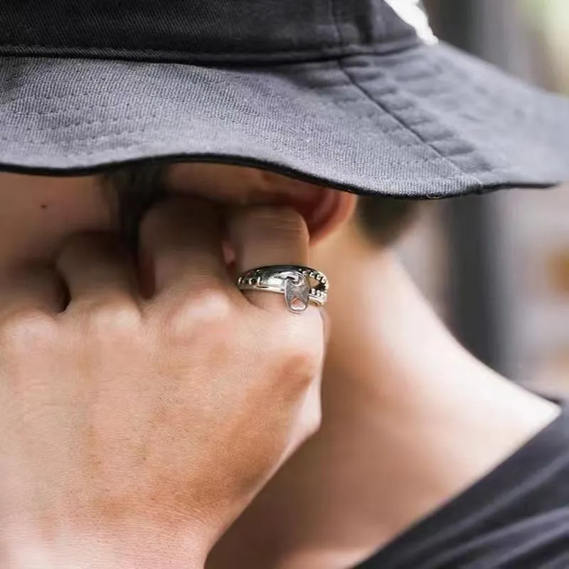 1 Pc Vintage Zipper Ring For Men, Fashion Punk Open Ring, Trendy Index Finger Ring, Antique Silver Men's Ring