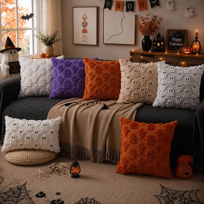 2-Piece Beige Halloween Pillow Covers, 18x18 Inch Ghost Pattern Decorative Cushion Covers 5