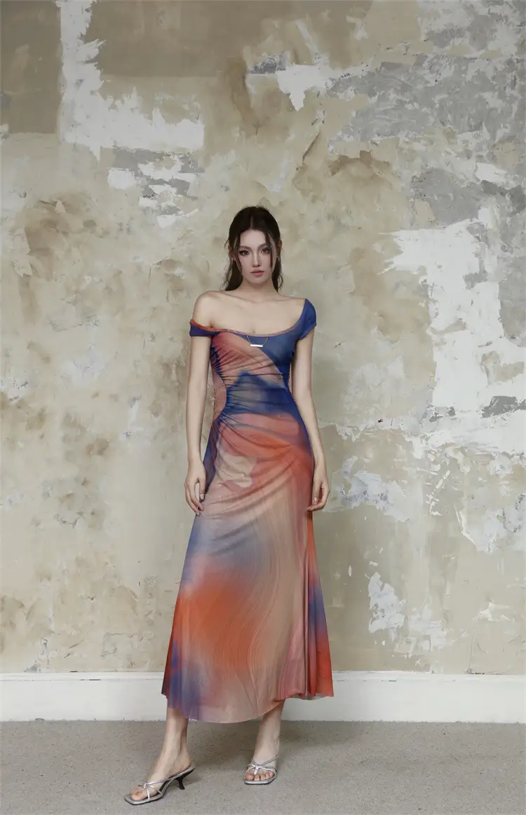 Design Sense Niche Retro Sunset Oil Painting Printing Slim Fit Long Dress