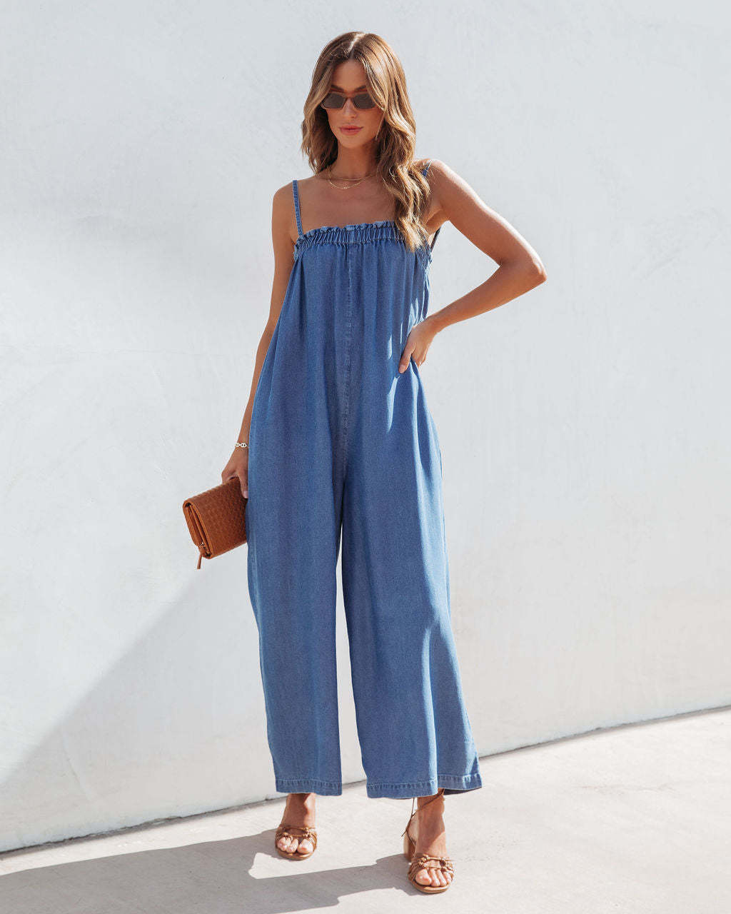 Title 5, Casual Loose Denim High Waist Suspender Jumpsuit