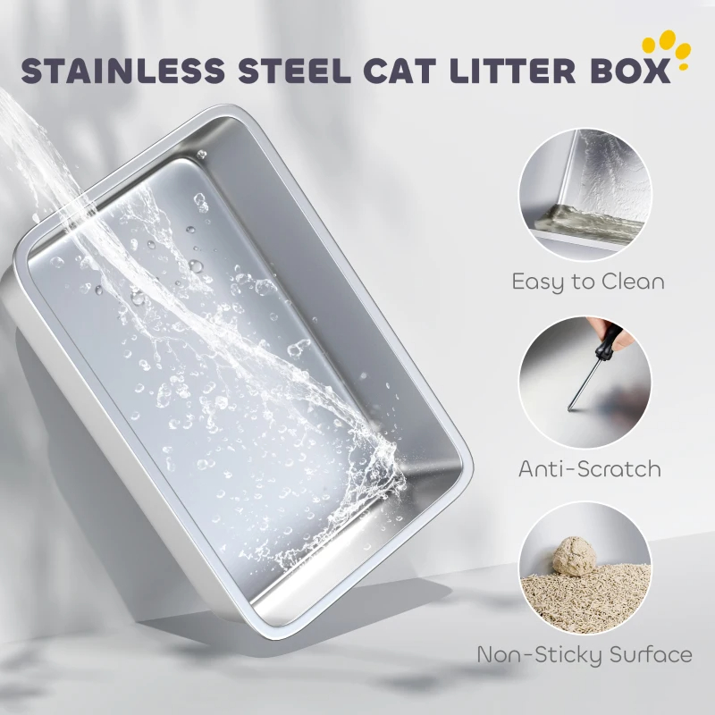 Extra Large Stainless Steel Cat Litter Box For Big Cats With Flip Cover, High-Sided Enclosure & Scoop