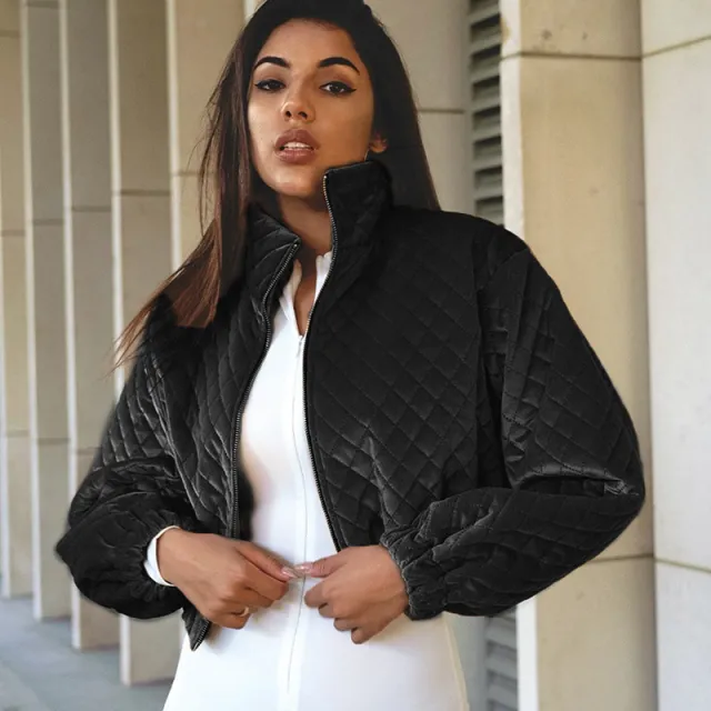 Diamond Plaid Stand Collar Zipper Short Jacket Temperament Black - Shop at LoveMi