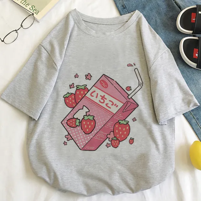 White Cotton T Short sleeved T shirt Women's Summer Drink Printing Loose Grey - Shop at LoveMi