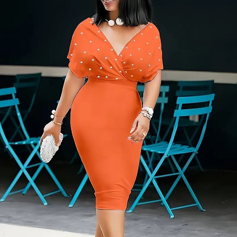 Women's Elegant Deep V Neck Wrap Bodycon Dress Back Zipper Pencil Midi Dress - Image 5