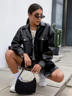 Autumn And Winter Loose Casual Street Shooting Long-sleeved Motorcycle Leather Jacket Women - Black - View 1