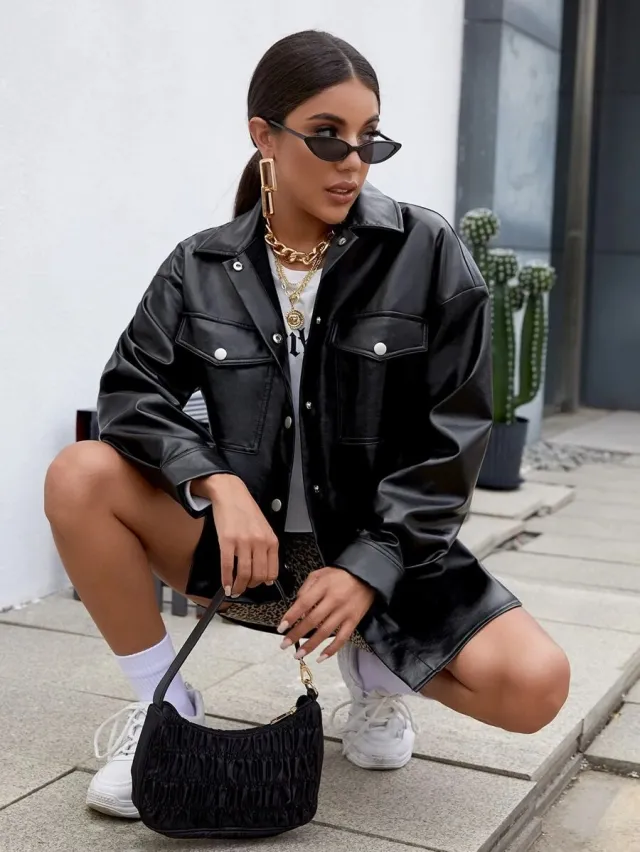 Autumn And Winter Loose Casual Street Shooting Long sleeved Motorcycle Leather Jacket Women Black - Shop at LoveMi