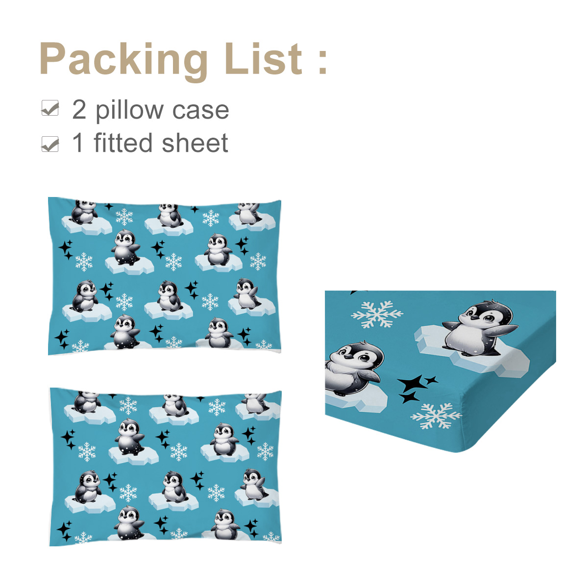 Penguin Bedding Set For Kids Boys Girls Antarctic Animal Sheet Set Cartoon Style Penguin Illustration Fitted Sheet, Blue White And Black Bed Sheets, No Top Sheet