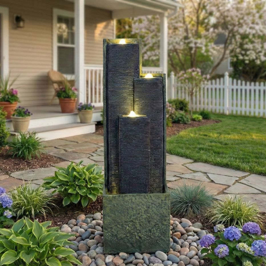 39inch H Outdoor Water Fountain Modern Cascading Freestanding Fountain With LED Lights For Garden Patio Porch Lawn Decor — foto 7