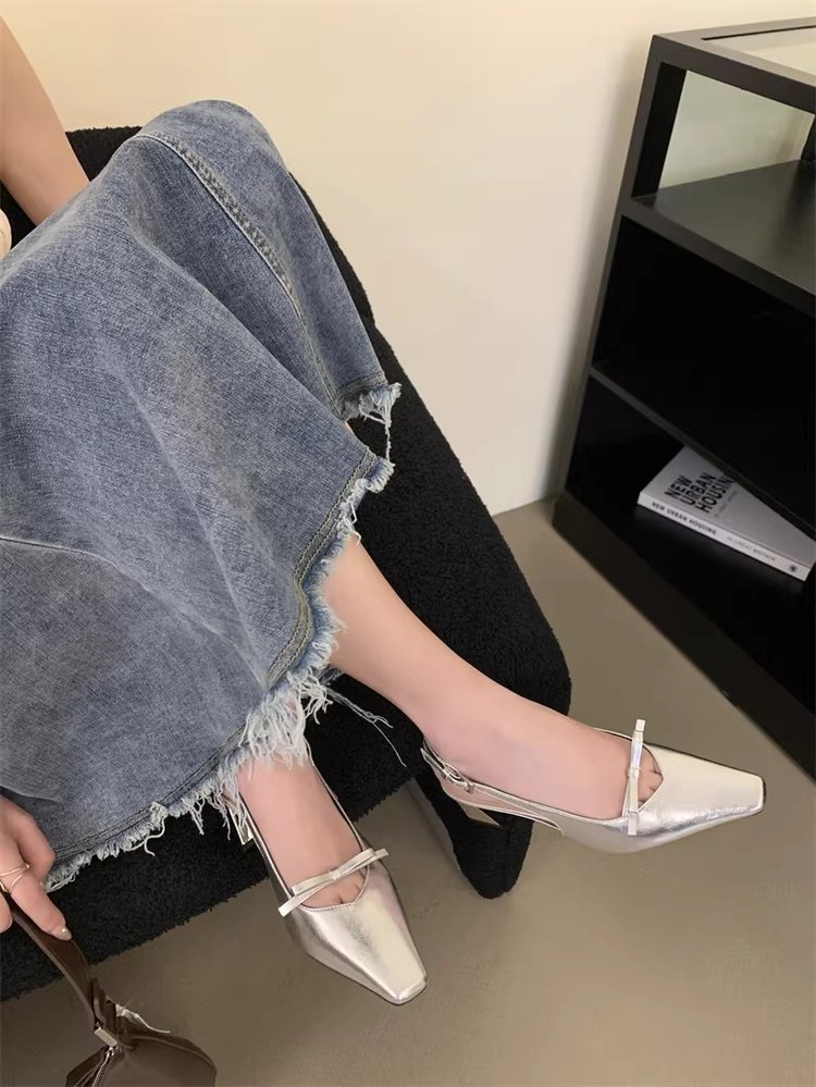 Women's Silver French Style Block Heel Sandals, 2025 New Arrival, Elegant Closed Toe Summer Shoes, Unique Designer Heels For Women