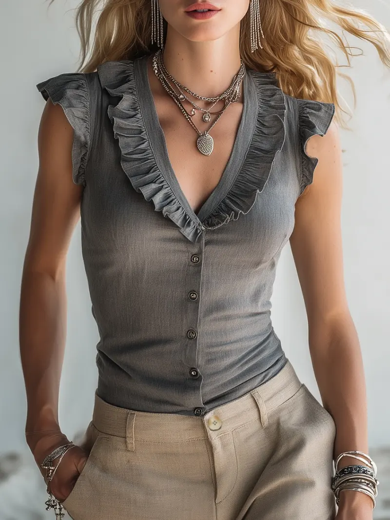 V-neck Ruffled Sleeveless Single Breasted Top
