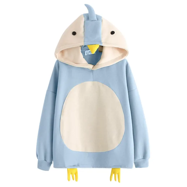 Cartoon Cute Chick Plus Velvet Long sleeved Hooded Sweater Women Blue - Shop at LoveMi