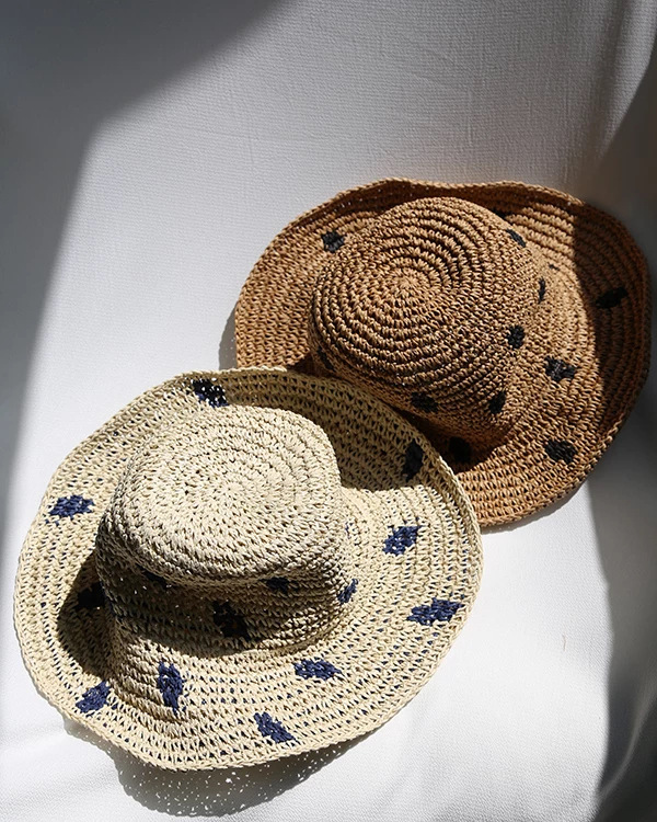 Sunshade Straw Hat Hand Knit Crochet Feather Polka Dot