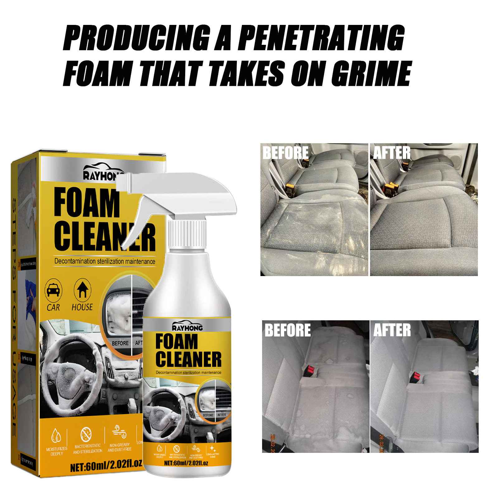 Rayhong Car Interior Foam Cleaner - Waterless Stain Remover For Seats, Headliner, And Dashboard 4