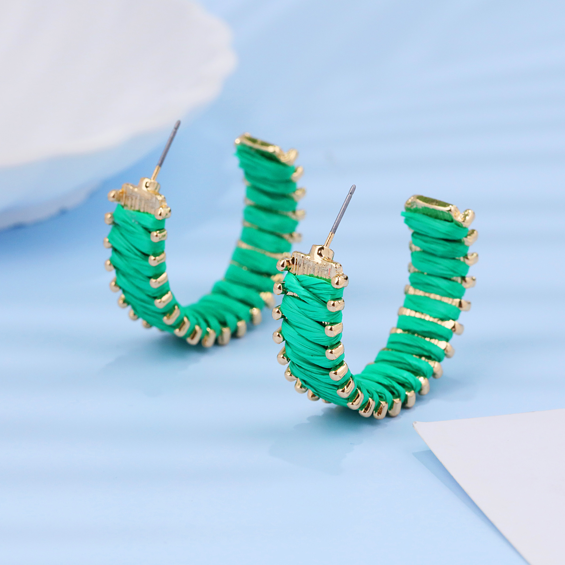 Bohemian C- Shaped Rafia Grass Wrap Earrings NicheVintage Vacation Style Earrings Light Luxury Ethnic Taste Ear Decorations