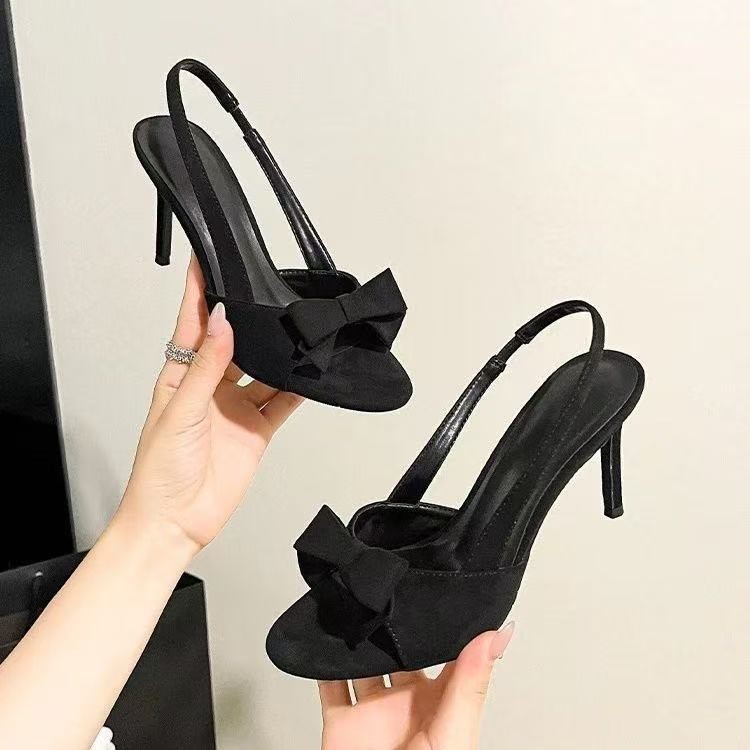 Women Vintage Peep Toe Backless Heels, Bow Decor Thin Strap Sandals, Kitten & Block Heel Options, Sexy Open Toe Summer Shoes, 2026 New Arrival product image