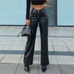 High Waist Straight Loose Wide Leg Casual Pants Leather Pants - Black - View 1