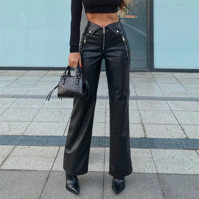 High Waist Straight Loose Wide Leg Casual Pants Leather Pants Black - Shop at LoveMi