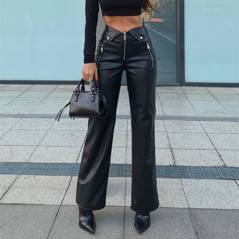 High Waist Straight Loose Wide Leg Casual Pants Leather Pants - Black
