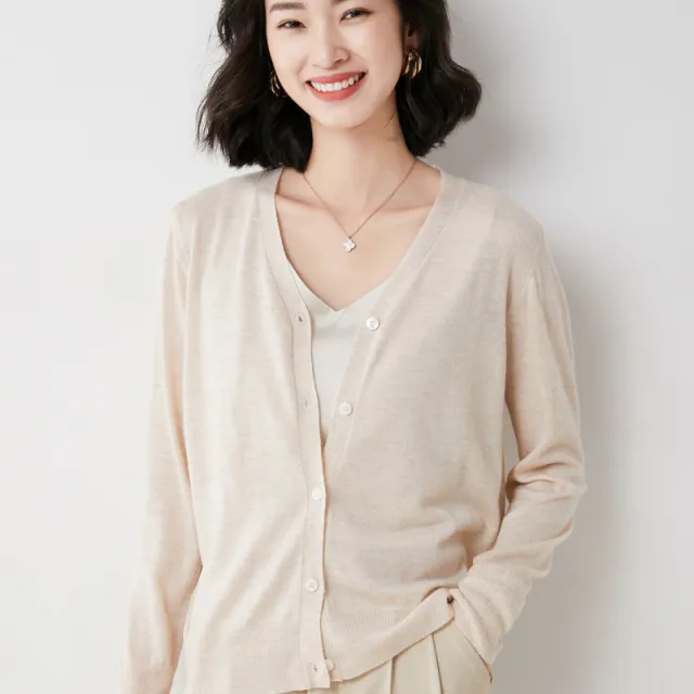 Summer Short Outer Loose Solid Color All match V neck Sweater Beige - Shop at LoveMi