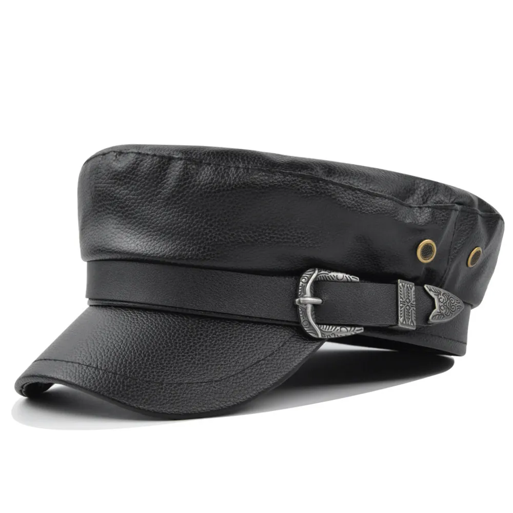 PU Leather Belt Buckle Beret - Black