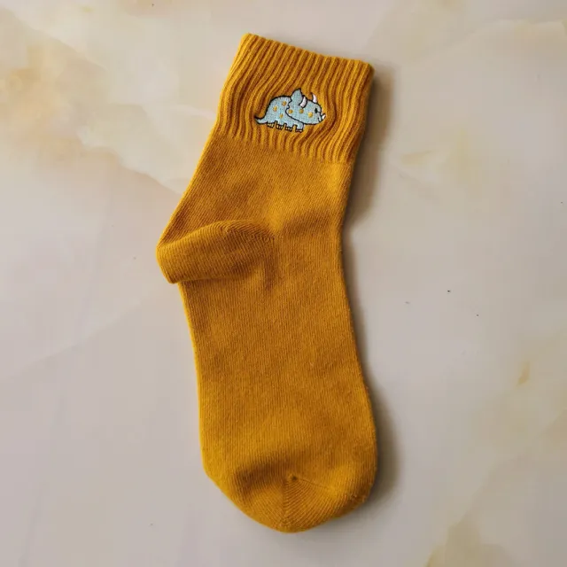 Cotton Embroidered Dinosaur Women's Medium Hose Socks Yellow - Shop at LoveMi