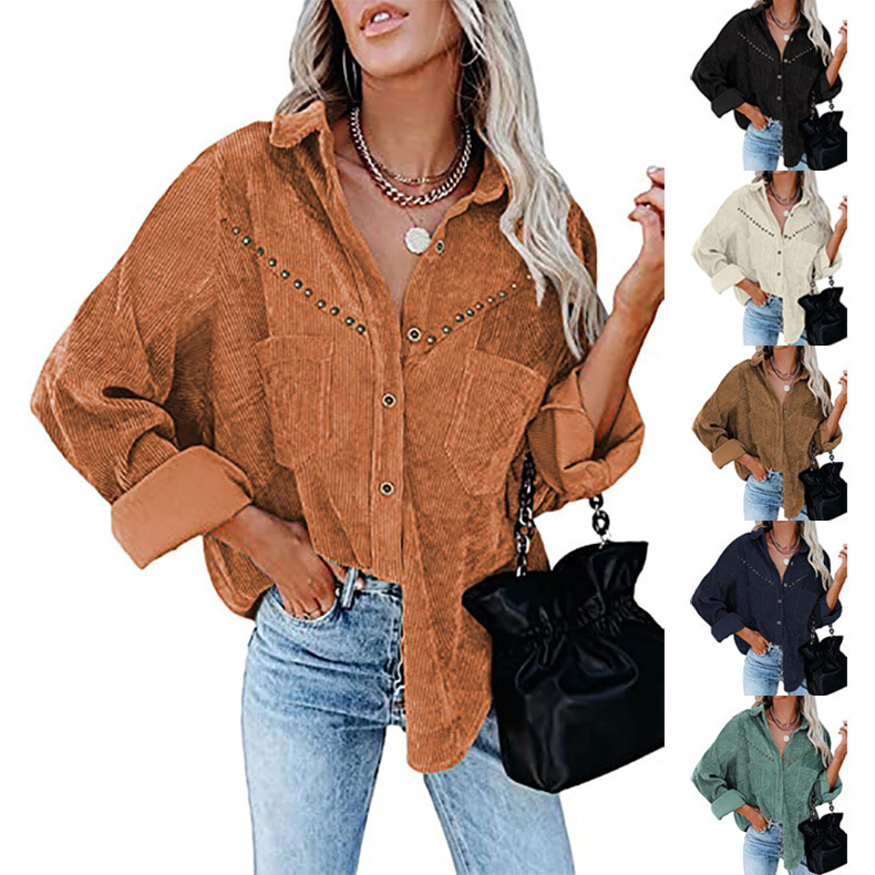 Women's Solid Color Corduroy Long Sleeve Button Down Shirt Oversized Jacket Top