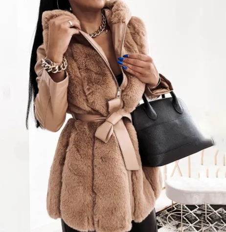 New Style Fur Belt Belt Hooded Zipper Jacket Women's Clothing - Brown