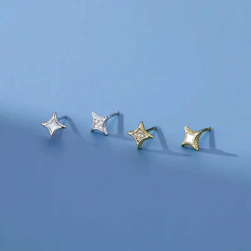 Women's Sterling Silver Four-pointed Star Stud Earrings Super Flash Japanese And Korean Style