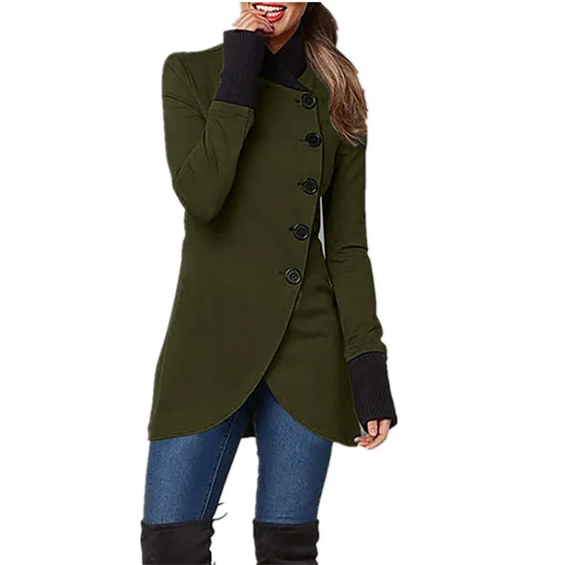 Single-breasted Panelled Hem Slit Long-sleeved Jacket - Army Green
