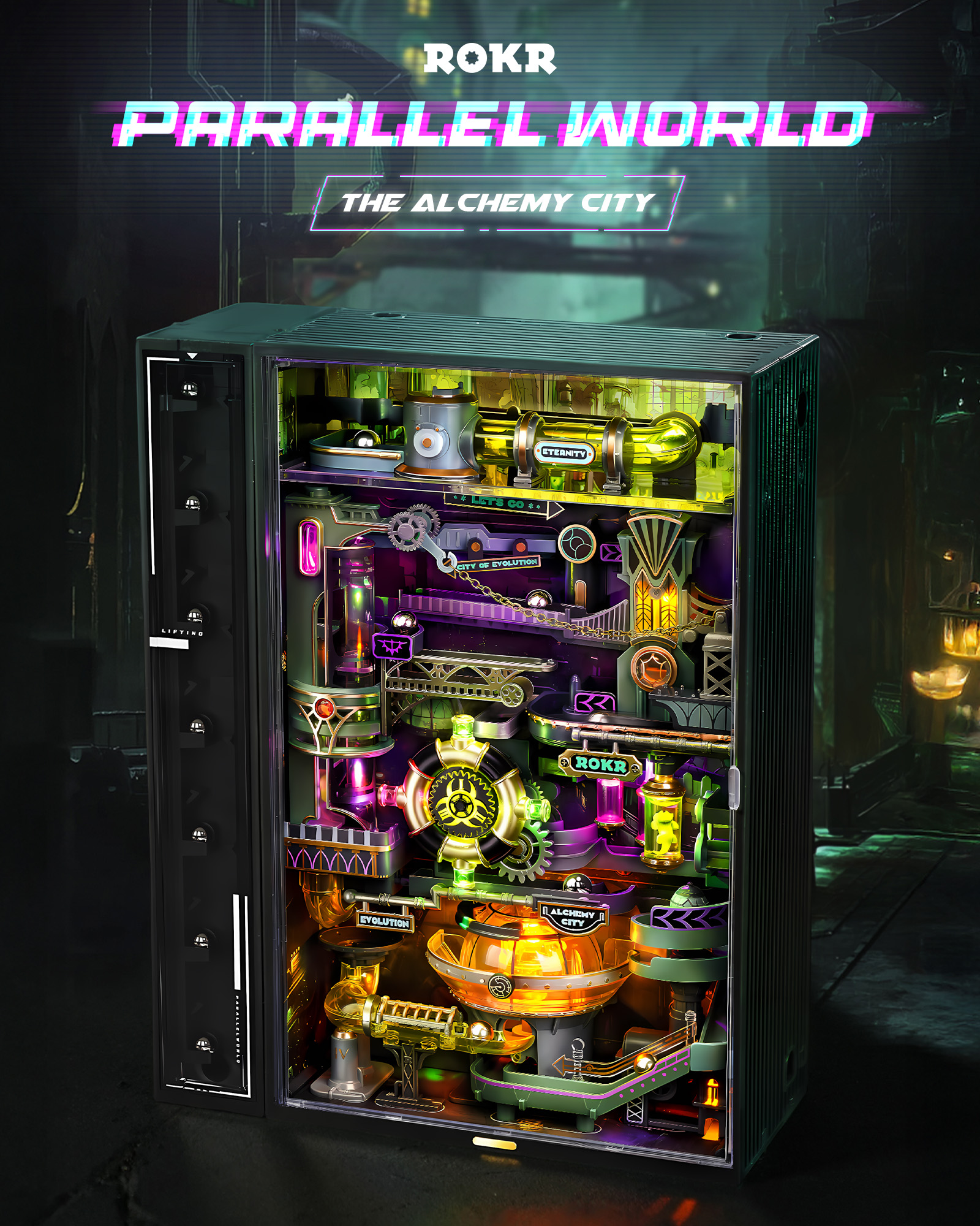 ROKR Parallel World Series - Alchemist's City Pinball Track Model MR04S - 3D Glowing Fantasy Track, Adult Cyberpunk Desktop Ornament, DIY Model Assembly Kit