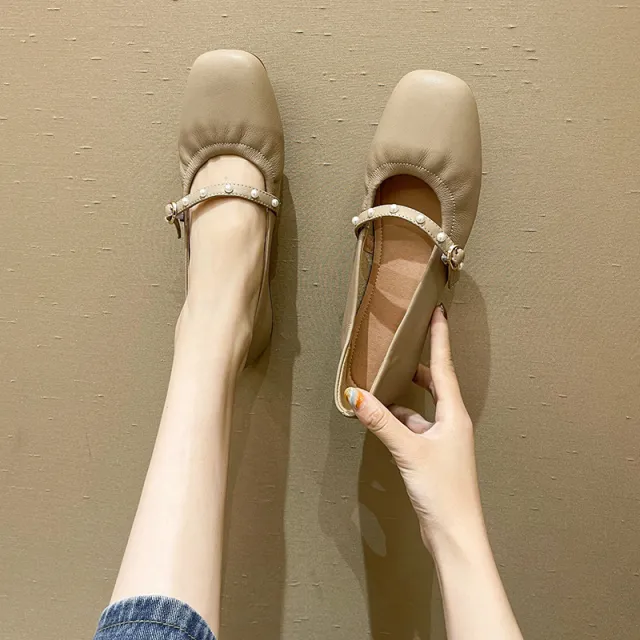 Shallow Mouth One Word Buckle Loafers One Women's Shoes Apricot - Shop at LoveMi