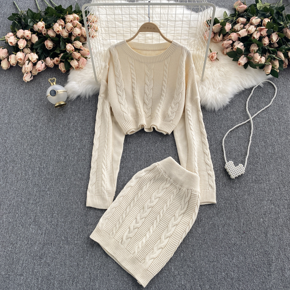 Women's Vintage Long Sleeve Twist Sweater High Waist Skirt Set