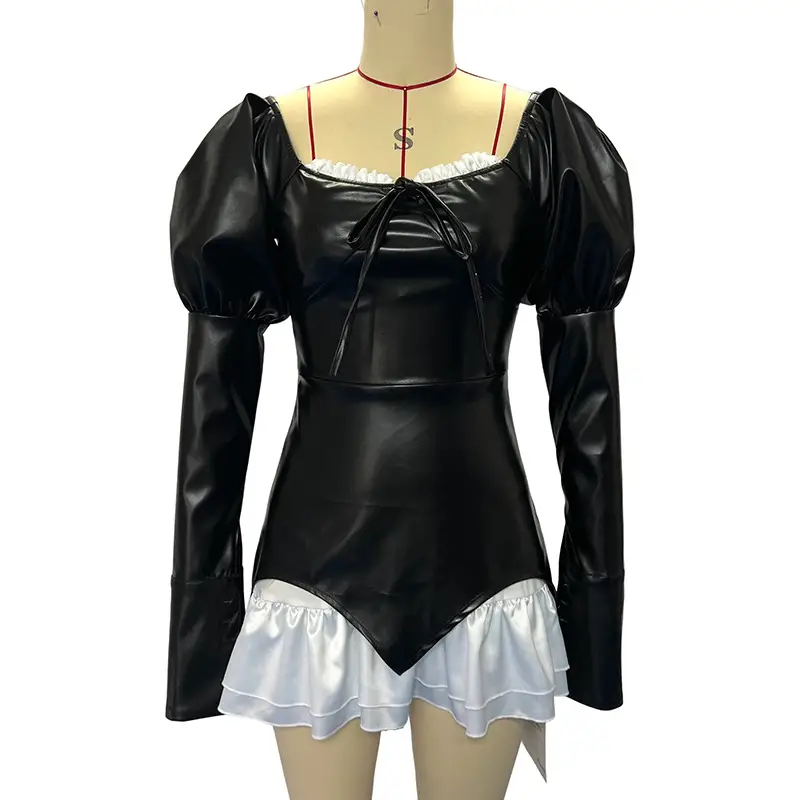 Square Collar Long Sleeve Black Leather Dress For Women