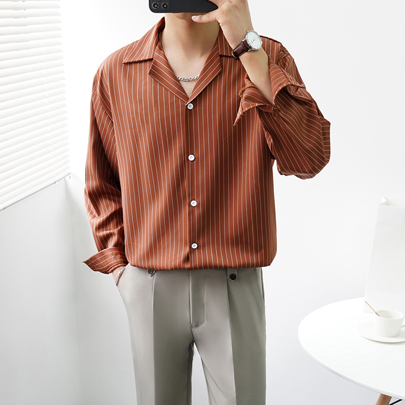 Men's Long-sleeved Striped Cuban Collar Loose Ruffian Handsome Tide Shirt