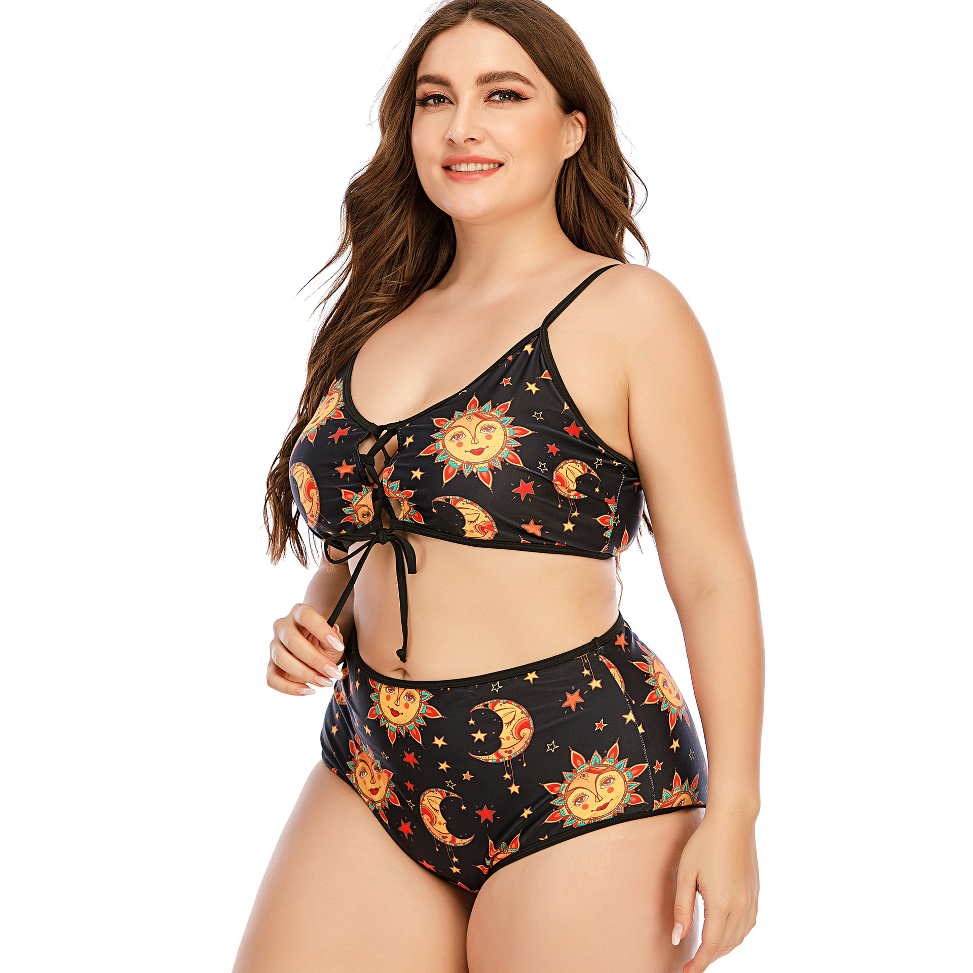 Bikini Split Large Sling Digital Printed Gathered Cross Strap High Waist Swimsuit - Image 3