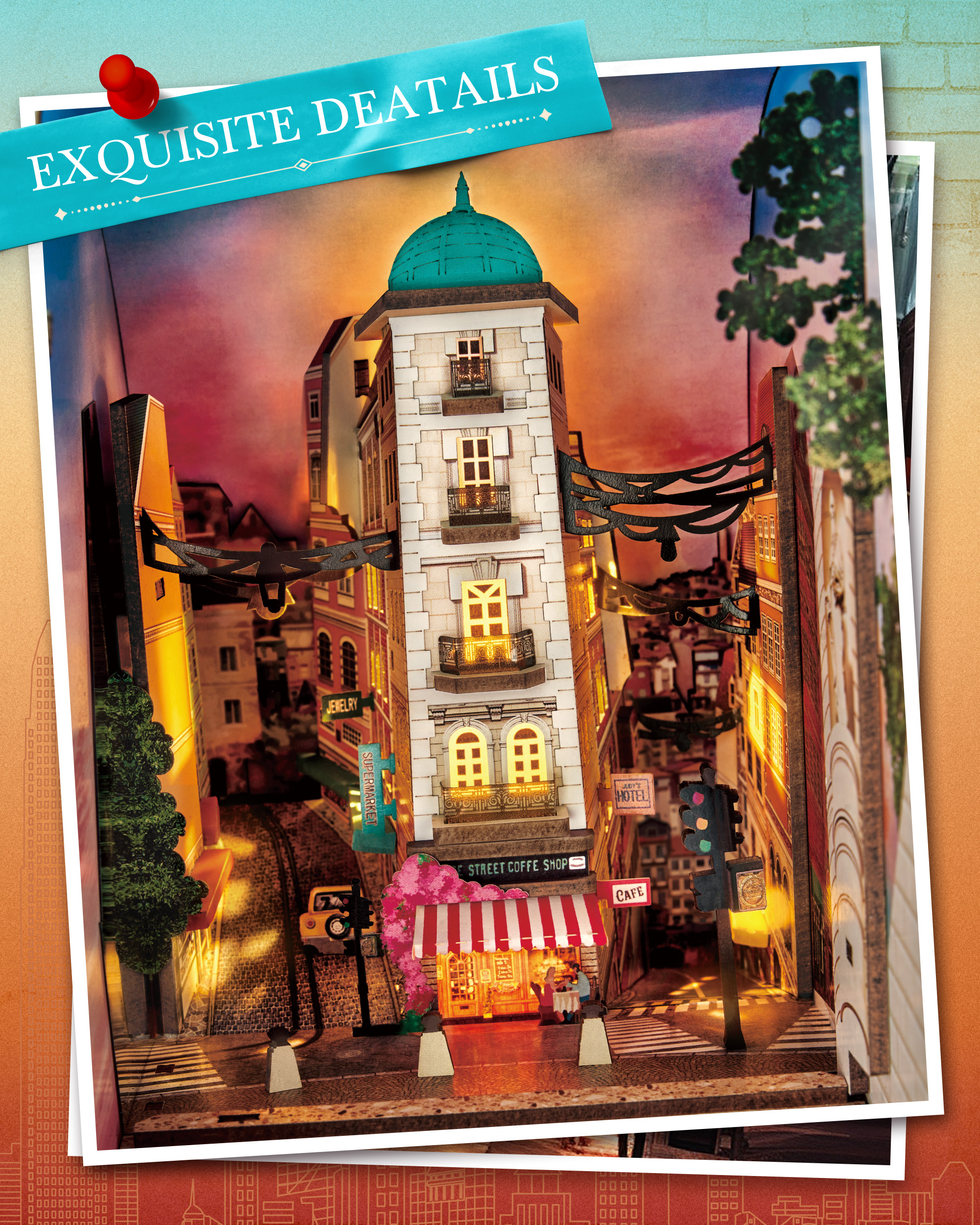 Rolife Urban Street Scene Bookend Set - 3D Subway Scene, 3D Puzzle Set With LED Lights, 196 Wooden Puzzle Pieces, Bookshelf Decoration With Dust Cover, Modern Urban 3D Model Gift