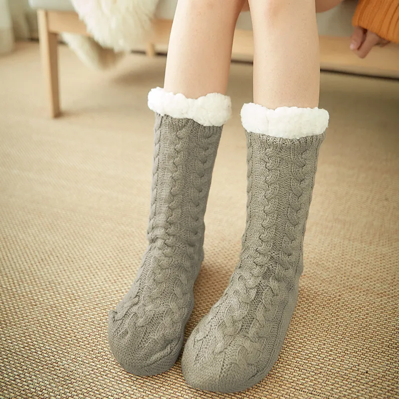 Thickened and velvet silicone non-slip adult floor socks indoor warm foot cover - Coffee