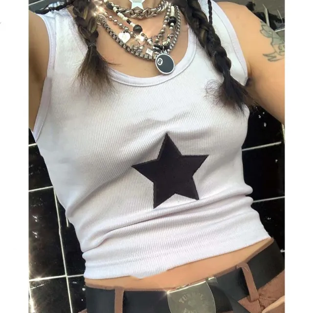 Embroidered Star Print Round Neck Sleeveless Top Vest White - Shop at LoveMi