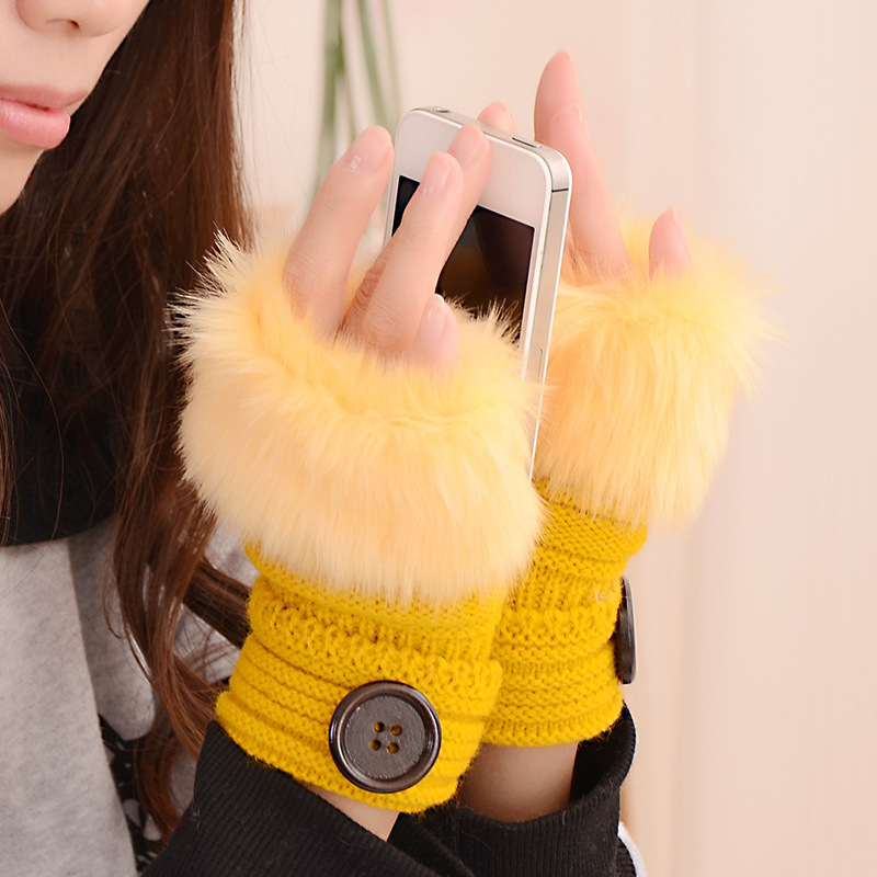 Women's Warm Solid Color Button Half-finger Gloves