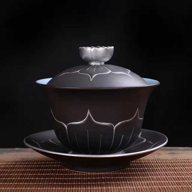 Single Ceramic Large Master Cup Kung Fu Tea Set Cover Bowlblack Silver - Shop at LoveMi