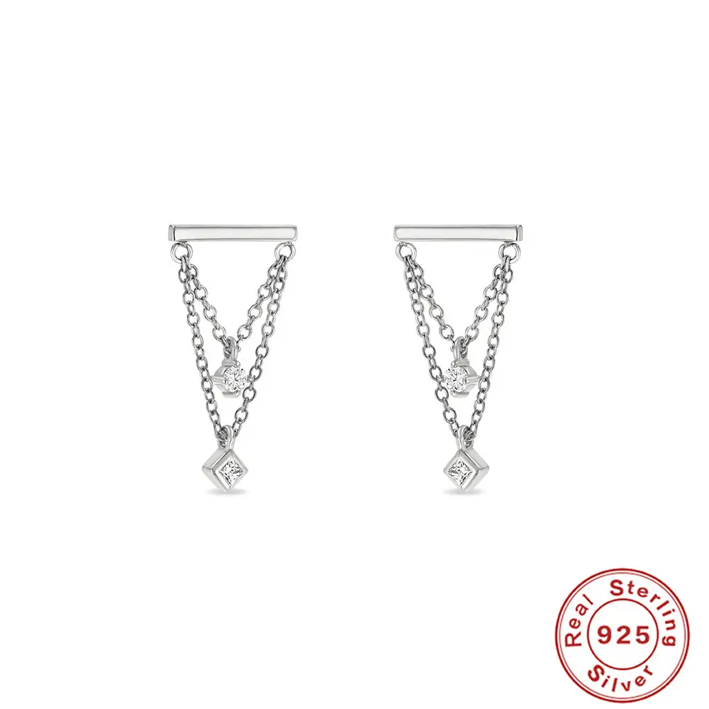 Silver Rhinestone Zircon Pairs Chain Tassel Earrings