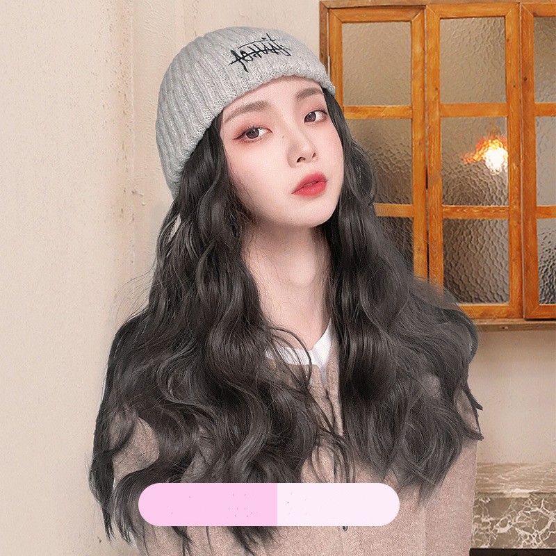 Hat Wig One piece Situs Embroidery Knitting Dark Brown - Shop at LoveMi