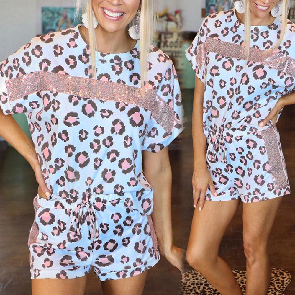 Women's Printed Crew Neck Short Sleeve Loose Casual Suit