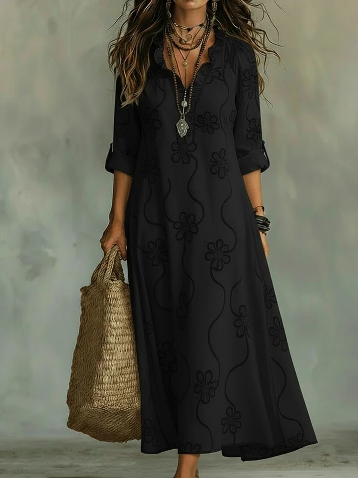 Boho Ruffle V-Neck Floral Embroidered Maxi Dress - Roll Up Sleeve Loose Beach Dress