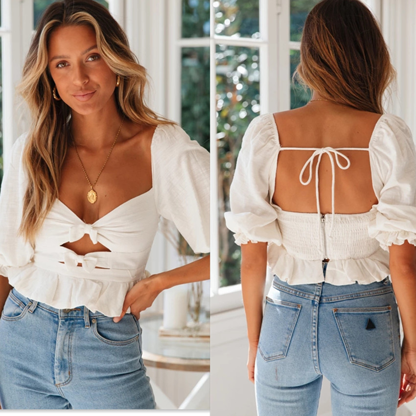 Bow Vintage Square Neck Puff Sleeve Shirt Cutout